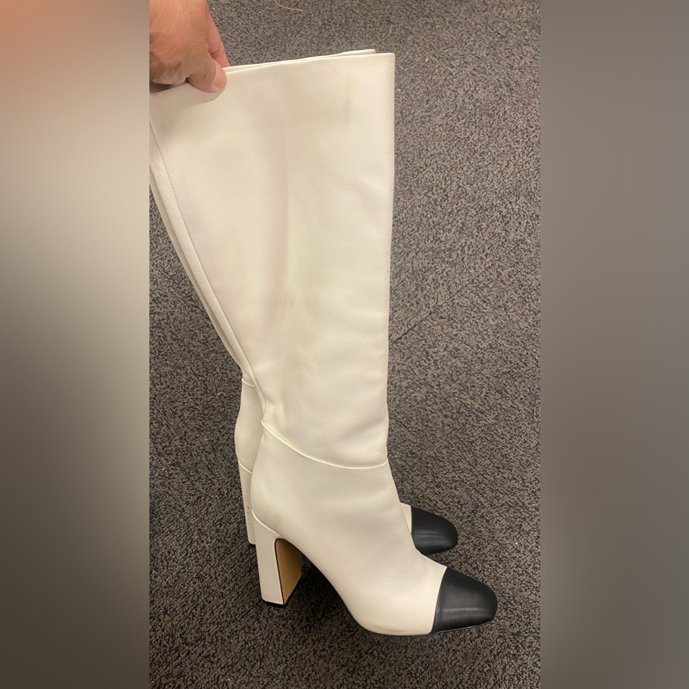 Steve Madden Ally-C Leather Cap Toe Tall Boots in Bone with Black Cap